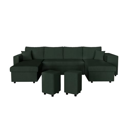 LOUNGITUDE Canapé d'angle panoramique Oslo Convertible avec 2 coffres et 2 poufs en Velours côtelé