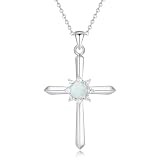 FANCIME Opal Cross Necklace for Women Sterling Silver October Birthstone Necklace Halo Cross Pendant Fine Jewelry Gifts for Her, 16'+2' Inches
