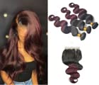 Brazilian Body Wave 3 Bundles and Closure Unprocessed 10A Virgin Human Hair Weave 100g/pc with Top Lace Closure 4x4 Wet and Wavy Hair Extensions (16 18 20 + 14 Inch, Black | Burg)
