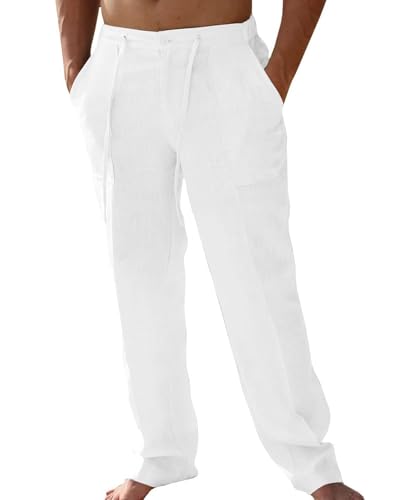 Wangdo Men's Linen Pants Casual Beach Yoga Baggy Trousers Summer Lightweight Elastic Drawstring Waist Pants with Pockets