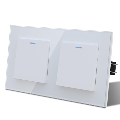 MVAVA Lichtschalter Unterputz 1 Fach 1 Weg Lichtschalter Glas mit LED 86 * 157mm Taste Schalter Wandschalter Kippschalter Weiß