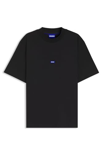HUGO Mens Nieros Cotton-Jersey T-Shirt with Logo Badge Black