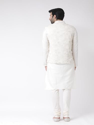 Kisah Men White Kurta With Churidar, Full Sleaves, Knee Length, Straight, Regular Fit, Mandarin Collar Ethnic Wear