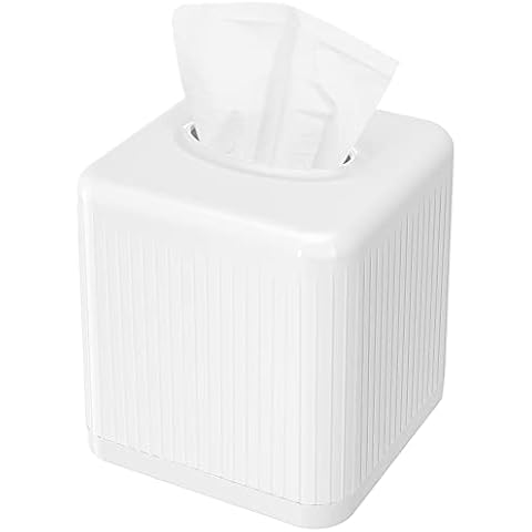 Livelab Tissue Box Cover with Base, Square Plastic Tissue Box Holder Decorative Tissue Cover Modern Cube Facial Tissue Dispenser for Bathroom Vanity Countertop, Living Room, Bedroom, Office - White Cover
