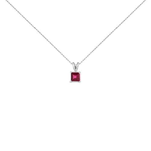 14K White Gold 5x5 MM Square Shaped Red Ruby Solitaire Pendant Necklace