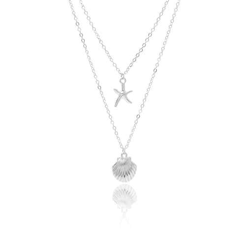 Boho Starfish Seashell Layered Necklace Gold Silver Plated Dainty Charm Double Layer Sea Shell Lucky Stars Ocean Animal Chain Necklace for Women Hawaiian Summer Beach Vacation Trendy Jewelry Gifts