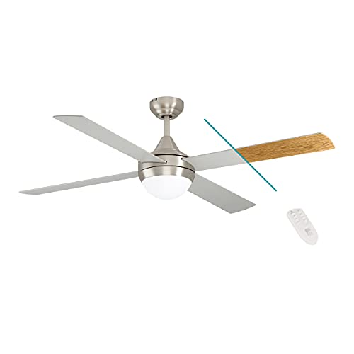 EGLO Deckenventilator VARADERO, 4 Flügel Ventilator mit Licht, Wendeflügel aus MDF in Silber oder Eiche, Gehäuse aus Stahl in Silber, Fernbedienung, Timer, Sommer Winter Betrieb, Ø 122cm