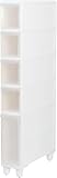 Narrow Floor Cabinet for Bathroom - Vertical Storage Unit with 4 Clear Drawers and Casters, Slim Freestanding Dresser Tower Cart, 14cm Width