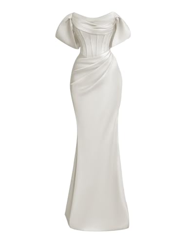FreeBeauty Off The Shoulder Satin Prom Dresses with Bow Long Mermaid Pleated Evening Gown Cowl Neck Corset Formal Dress