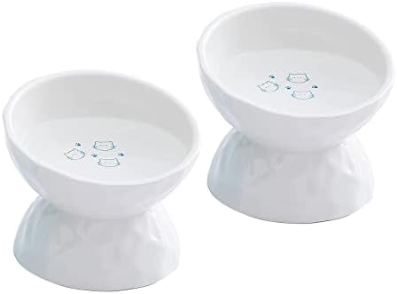 Ceramic Raised Cat Bowls, Tilted Elevated Cat Food and Water Bowls Set, Porcelain Stress Free Pet Feeder Bowl Dish for Cats and Small Dogs, Dishwasher and Microwave Safe, White & White, Set of 2