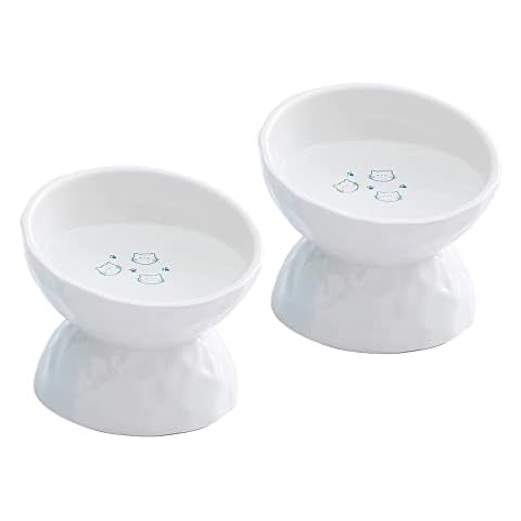 Ceramic Raised Cat Bowls, Tilted Elevated Cat Food and Water Bowls, Porcelain Stress Free Cat Food Feeder Bowl Collection, Pet Bowl Dish for Cats and Small Dogs, White, Set of 2 Cover