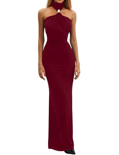 Women’s Party Maxi Dress Metal Knots Off Shoulder Turtleneck Sleeveless Night Club Evening Bodycon Dress2