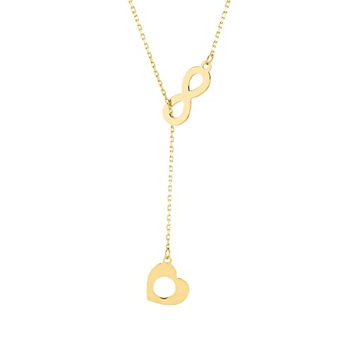 14K Solid Gold Heart And Infinity Y Necklace | 14K Yellow Gold Eternity Necklace For Women | Double, Open, Infinity, Key Heart Pendant Necklace | Dainty Love Jewelry | Gifts For All Occasions, 18" #TOP28