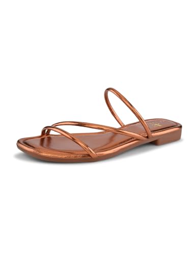 Image of XE Looks Women's Metallic Strappy Flat Sandals with Square Toe | Cushioned Footbed | Comfortable Lightweight Stylish Slip-On Open Toe Flats for Girls & Women