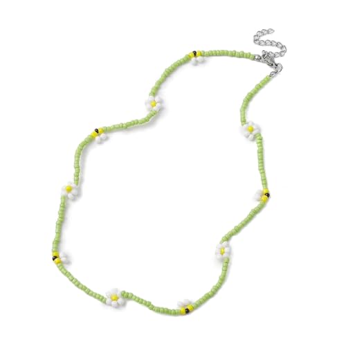 1Pc Glass Seed Bead Beaded Flower Necklaces Spring Green Flower & Bees Beaded Necklace with 304 Stainless Steel Tail Chain 16.77 inch/42.6cm Long 8.5mm/0.33 inch Extender 42mm/1.65 inch3
