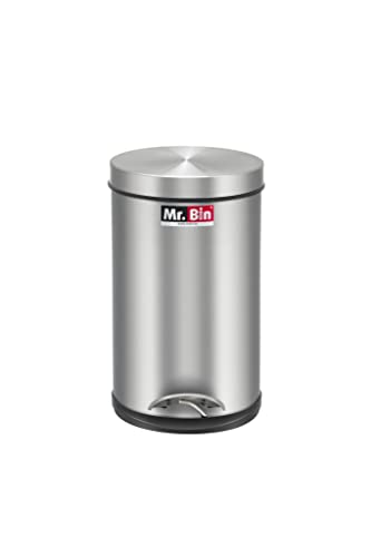 Image of Mr. Bin Stainless Steel Dustbin | SS 202 Plain Pedal Bin with Plastic Bucket and Lid | 8 inch x 13 inch Garbage Bin | Step-On Trash Can | Round Shape Dustbin for Home, Bathroom, Kitchen Office | 7 Liter |