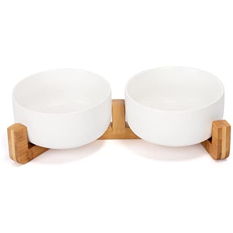 Ceramic Dog Cat Bowl Dish with Anti-Slip Bamboo Wood Stand Weighted Food Water Feeder for Cats & Medium Dogs 28.7fl oz/850ml Cover