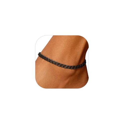 U7 Women Girls Barefoot Jewelry 18K Gold or Rose Gold Stainless Steel Heart/Rope/Figaro/Cuban Chain Anklet Foot Bracelet, 25-30 CM Long Black-5mm-Figa