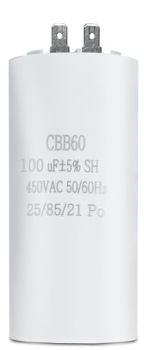 Condensador CBB60 100µF ±5% 450V AC 50/60Hz hasta 85 °C con 2 conectores - Condensador de Funcionamiento y Arranque para Bomba de Agua, Lavadora, Motor Piscina y Compresor - Anti-Humedad, 1 Unidad