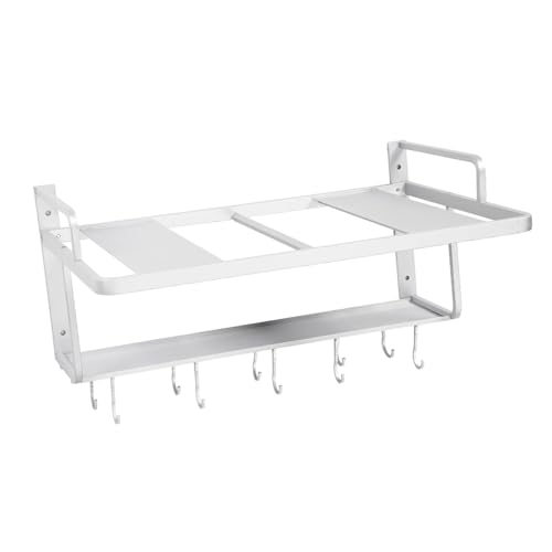 Wall Mounted Microwave Shelf, Double Layers Space Aluminum Alloy Kitchen Storage Organizer, 3in1 Microwave Oven Rack Stand Wall Microwave Mount Shelf with 10 Hook for Microwave Pan Pot Knife Spoon - Image 9