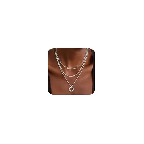 Cuzmly Layered Silver Necklaces for Women, 925 Sterling Silver Stackable Choker Necklaces for Women Trendy Layering Circle Pendant Chain Necklace Set Jewelry Gifts for Women Teen Girls, Brass, No