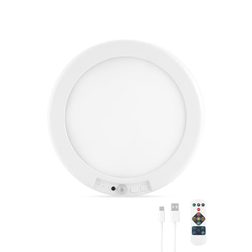 Leselux Lámpara de Techo LED con Detector de Movimiento, 6000mAh Recargable Plafón de Techo con Mando a Distancia, 3000K/4500K/6500K Regulable Luz Techo Redondo para Pasillo, Escalera, Sótano, Ø19CM