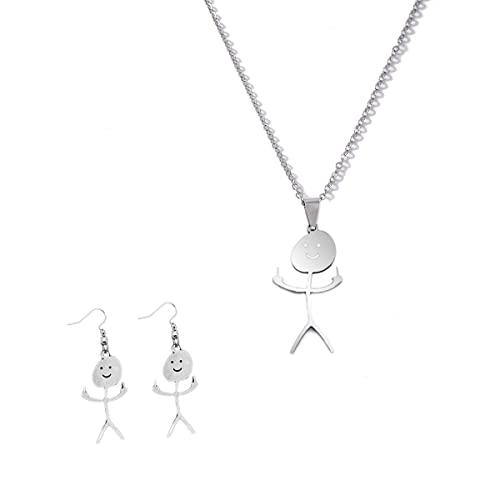 Caiyao Stainless Steel Funny Doodle Necklace - Personalized Smiley Middle Finger Pendant Necklace, Happy Face Fuck Necklace Long Distance Friendship-F silver set