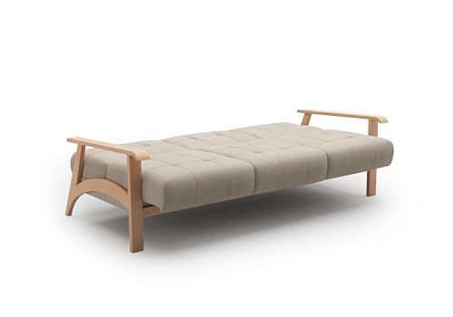 Cavadore 3er-Sofa Billan / 3-Sitzer Schlafsofa im skandinavischen Design mit Bett und massivem Holzgestell in Buche / 199 x 88 x 106 / Flachgewebe, Beige – Bild 6