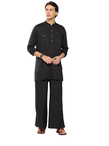 Image of See Designs Men's Long Sleeve Curved Hem Mandarin Collar Rayon Solid Pathani Sets