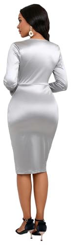 Women’s Midi Pencil Dress Bodycon V Neck Ruched Design Long Sleeve Cocktail Party Night Out Dinner Dresses2