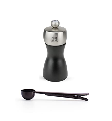 Peugeot Fidji 4.75 Inch Salt Mill Gift Set, Black Matte - With Stainless Steel Spice Scoop & Clip