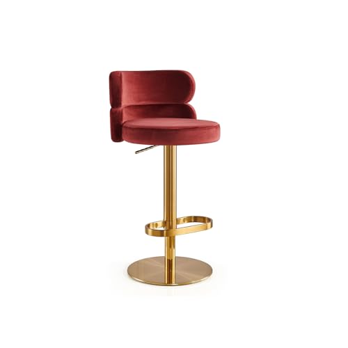 Butaco moderno de terciopelo, giratorio y con altura ajustable, para barra de cocina o isla, con respaldo y reposapiés, silla tapizada con base dorada, color rojo, 1 unidad miniatura 5