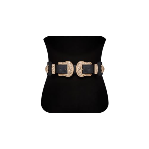 Image of Womens Belt Chain Leather Belts Vintage Western Adjustable Elastic Double Buckle for Cowboy Pant Dress