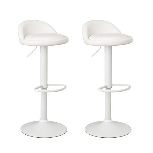 LOLAhome Set de 2 Taburetes de Cocina Giratorios en 360°, Juego de Sillas de Bar Regulables en Altura de 72 a 92 cm, con Respaldo de Polipiel, Estructura Metal Blanca y Reposapiés, Blancos