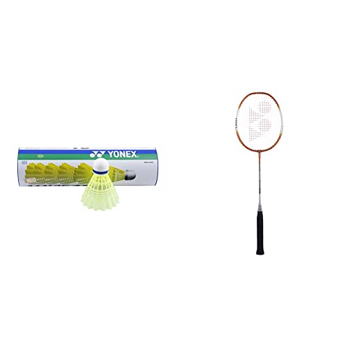 Image of Yonex Mavis 10 Nylon Shuttlecock, Yellow, Pack of 6 | Made in Japan (Blue Cap)&Yonex ZR 100 Light Aluminium Badminton Racquet with Full Cover | Made in India (Orange)