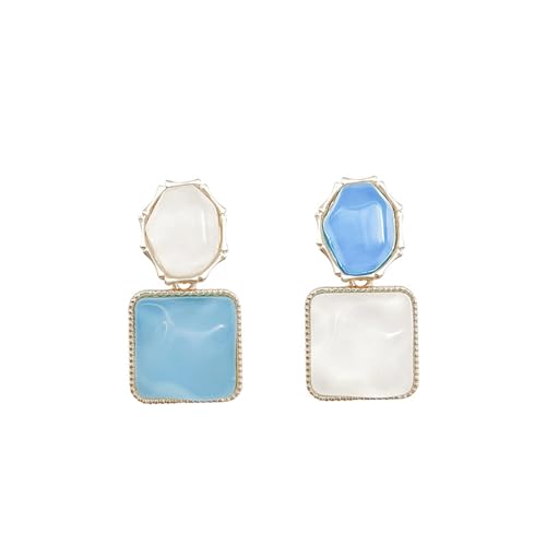 Asymmetrical Earrings, Square Resin Earrings, Blue and White