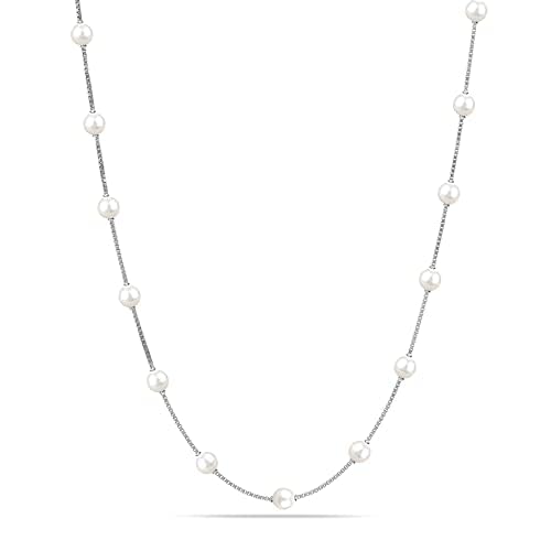LeCalla 925 Sterling Silver Italian Simulated Pearl Station Chain Necklace for Teen and Women 16, 18, 20, 24 Inches