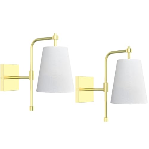 Image of Swing Arm Wall Lamps Set of 2, Fabric Linen Shade, Hardwired Wall Mounted Light Fixture for Bedside, Living Room, Bathroom, Versatile Home Decor (Brushed Gold)