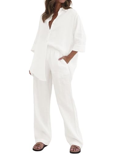 RAISECOM Women's 2 Piece Outfits Sets Button Down Half Sleeve Shirts and Long Pants Summer Casual Vacation Loungewear