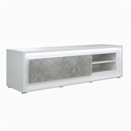 AltoBuy Meuble TV 2 Portes Blanc façades Effet béton avec éclairage LED - STONIA