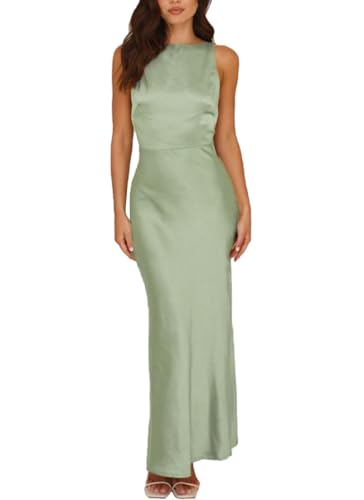Image of Summer Satin Maxi Dresses for Women 2026 Elegant Classy Silk Formal Sleeveless Open Back Spaghetti Strap Wedding Guest Dress