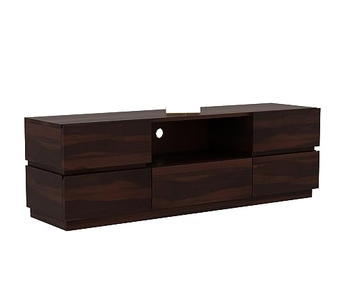 Image of Rustic Solid Sheesham Wood TV Unit Chest of Drawers for Living Room - 5 Drawers and 1 Shelf Storage - Accommodates up to 60 Inch TV (Bayern, Walnut Finish)