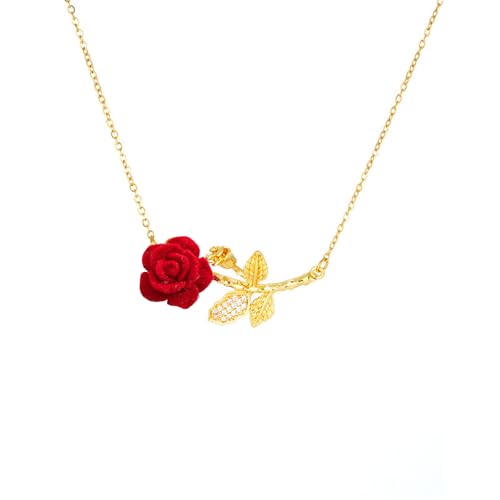 Elegant Rose Flower Pendant Necklace for Women Stainless Steel Gold Plated Crystal Leaf Blossom Charms Choker Chain Adjustable Necklaces Dainty Wedding Birthday Jewelry 18