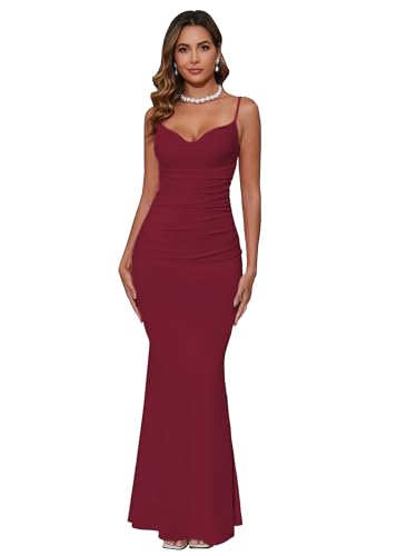 Image of Aigeman Women Spaghetti Straps Mermaid Evening Gown Wedding Guest Dress Drape Neck Lace Backless Formal Maxi Dress 21
