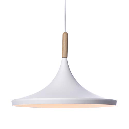 Luminaire Birgit, suspension métal/bois, 40 W, blanc/naturel, ø 36 x H 26 cm
