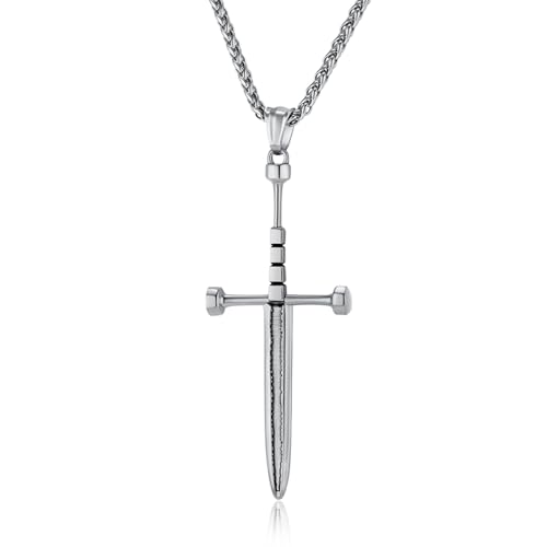 MERTTURM Crocifisso Collana Uomo, Gioiello Maschile Collana con Ciondolo a Croce Spada, Catena in Acciaio Inossidabile Croce Spada per Battesimo Cristiano, Uomo, Gotica, Rock, Punk con Scatola Regalo
