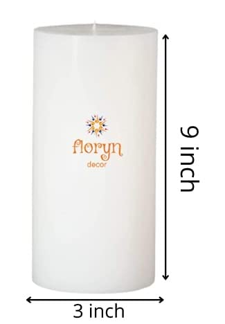 Image of Floryn Decor Pillar Smokeless Odourless Dripless Long Burning Wax Candle, White (3 x 9 inches) Combo Set of 2
