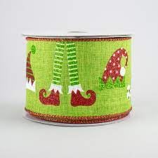 Elf Hats & Legs Christmas Wired Edge Ribbon - 2.5 Inches x 10 Yards (Fresh Green)