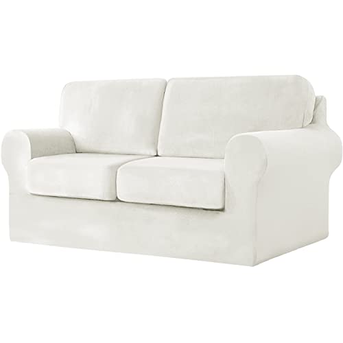 Housse de canapé extensible velours pour rénover un canapé usé blanc