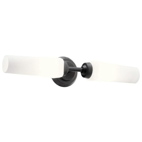 Image of Kichler Truby 19.75 inch 2-Light Bathroom Vanity Light Fixture with Satin Etched Cased Opal Glass in Black, Modern Art Deco Wall Sconce for Bath and Mirror (4.75 inch x 4.5 inch x 20.75 inch), 55074BK